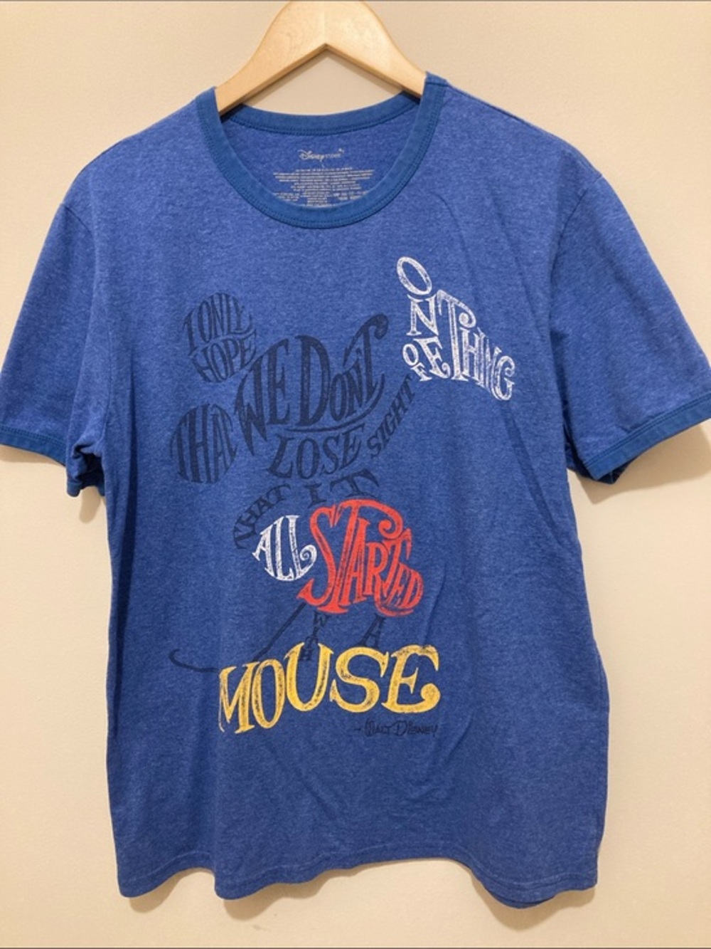 Disney Blue Graphic Tee with Red and Yellow Text Sz L
